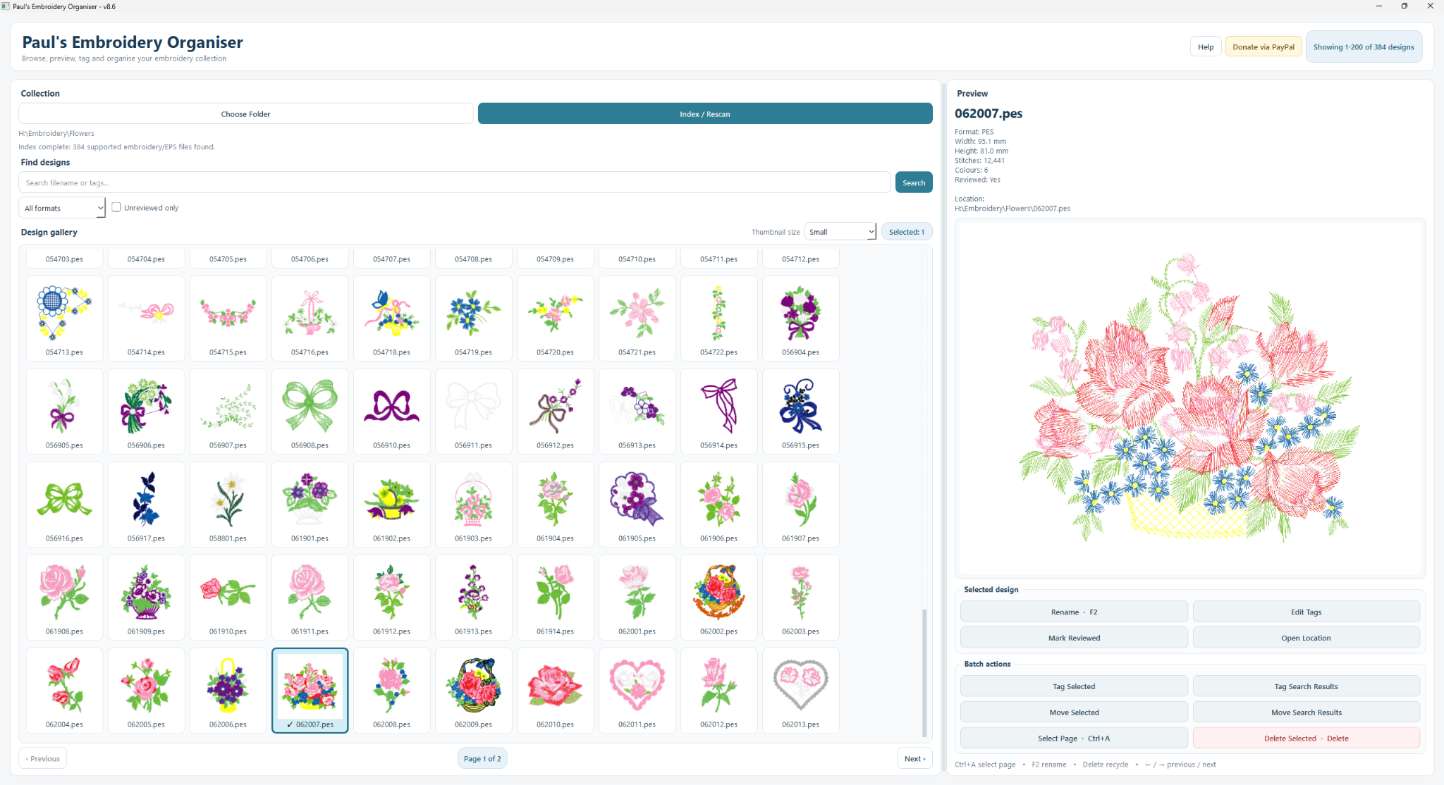 Paul's Embroidery Organiser showing flower designs and a large embroidery preview